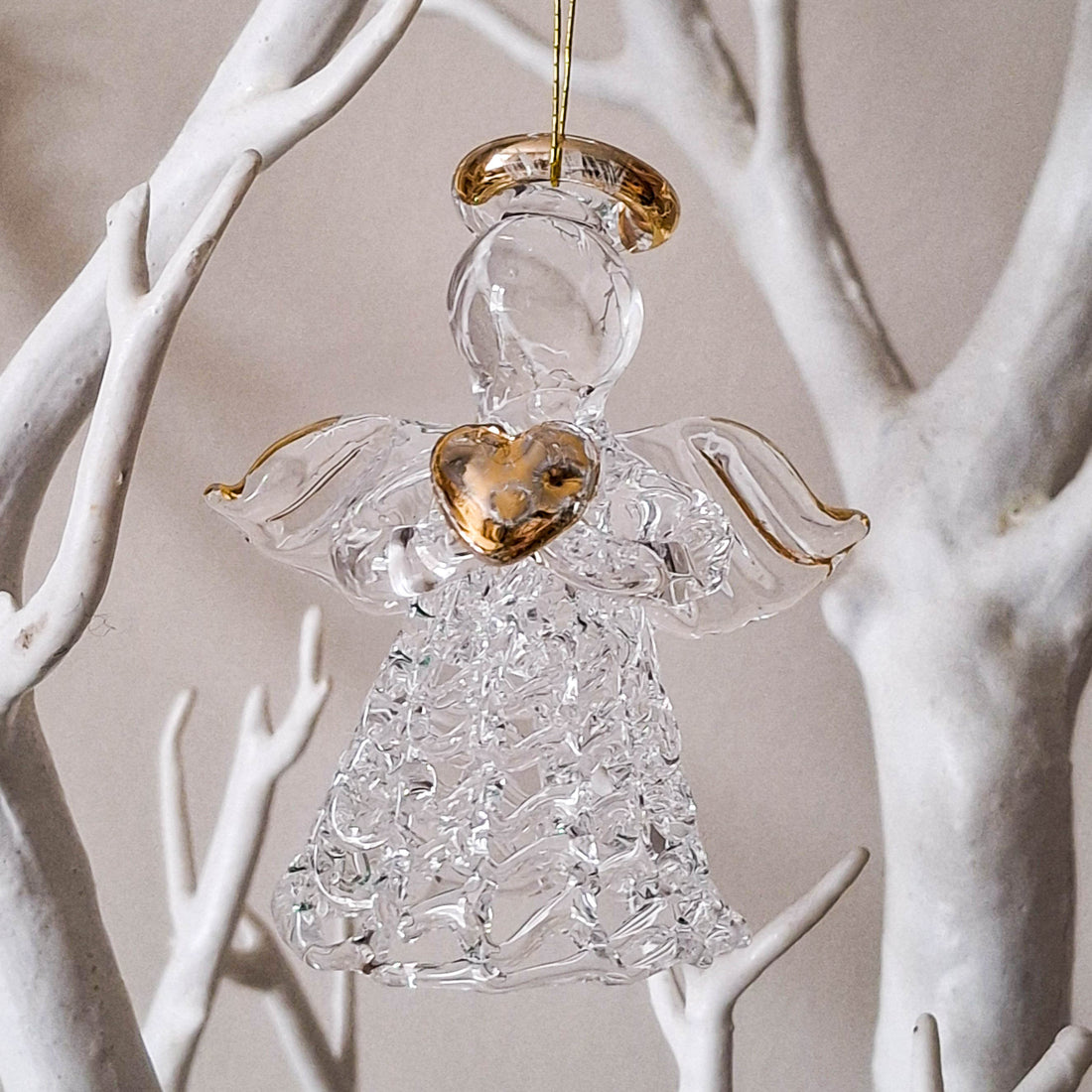 Glass Angel with Gold Heart Hanging Decoration