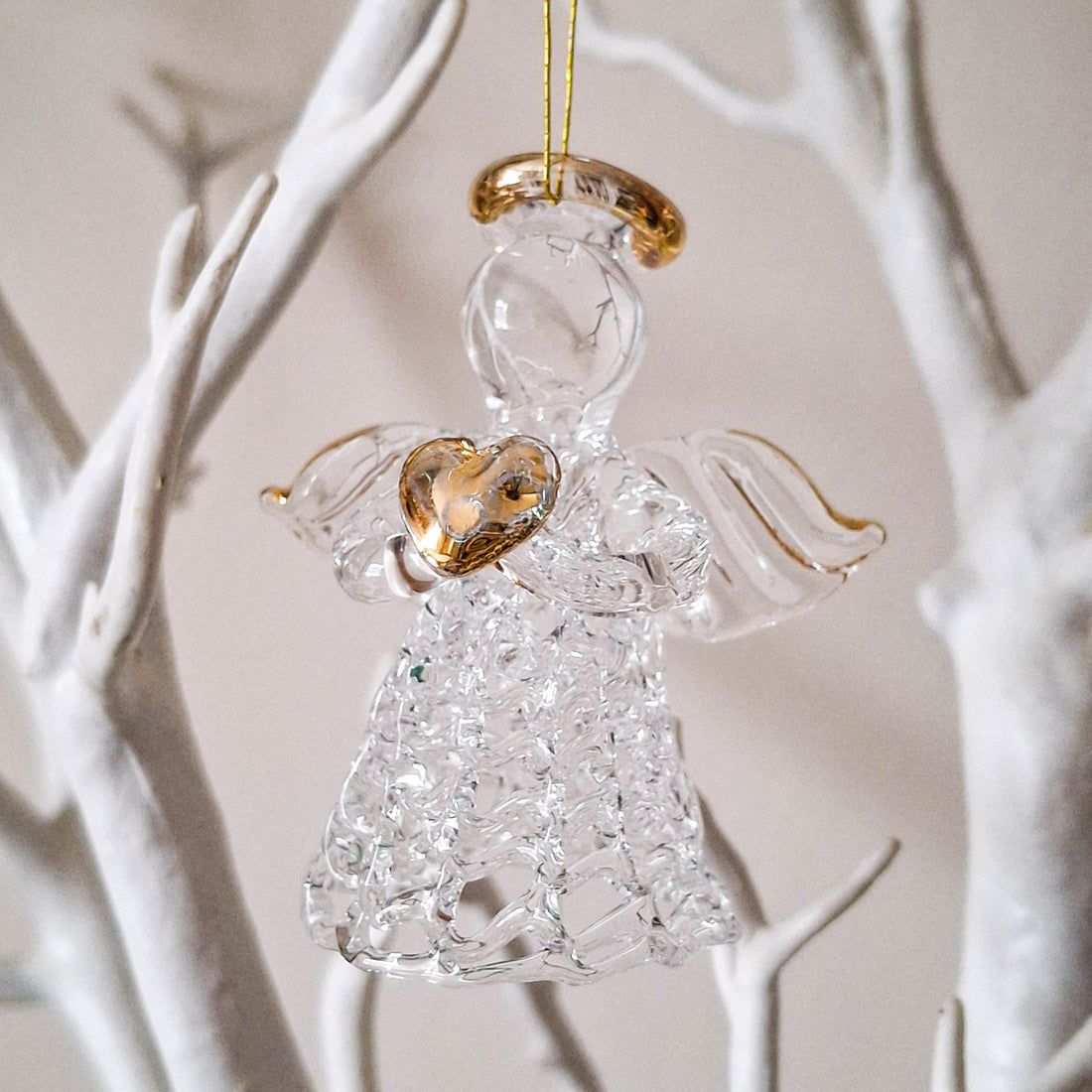 Glass Angel with Gold Heart Hanging Decoration
