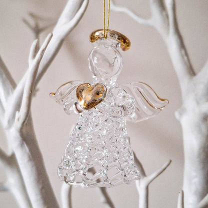 Glass Angel with Gold Heart Hanging Decoration