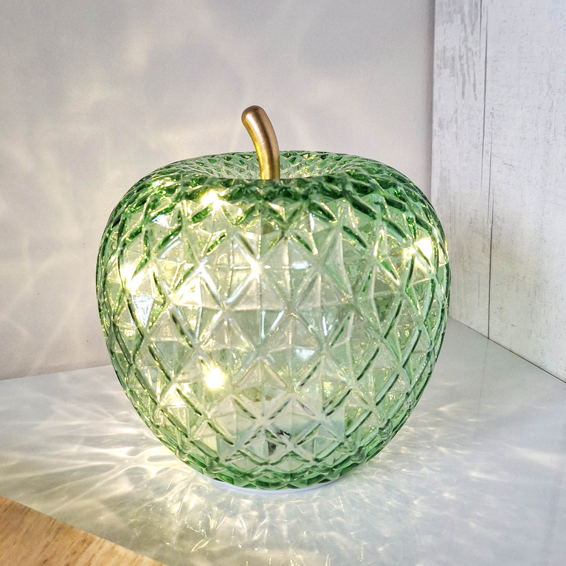 Green LED Diamond Cut Glass Apple