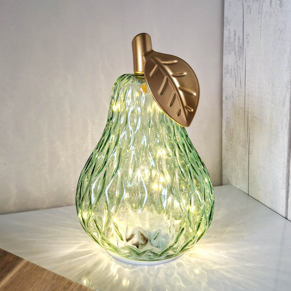 Green LED Diamond Cut Glass Pear