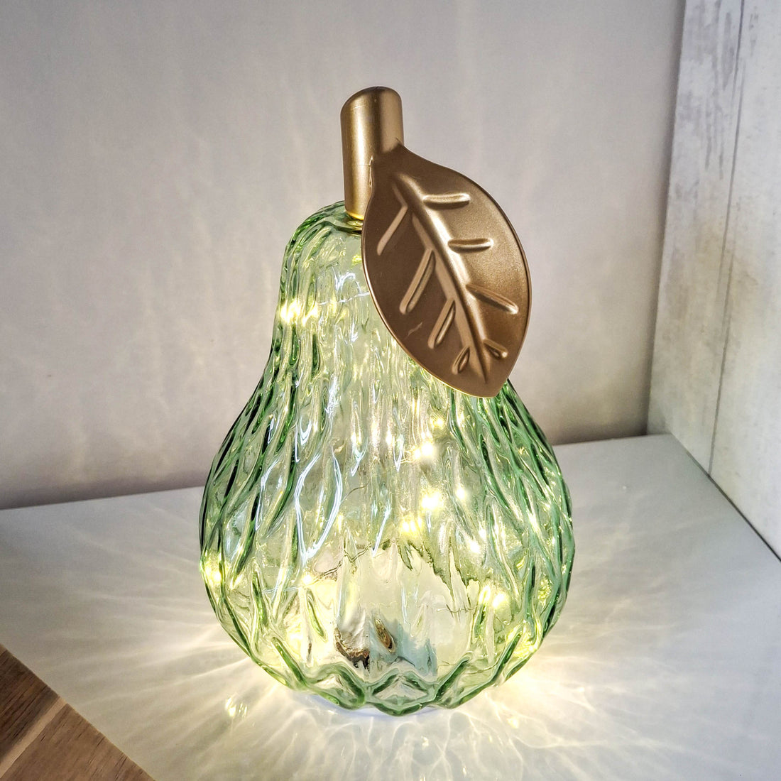 Green LED Diamond Cut Glass Pear