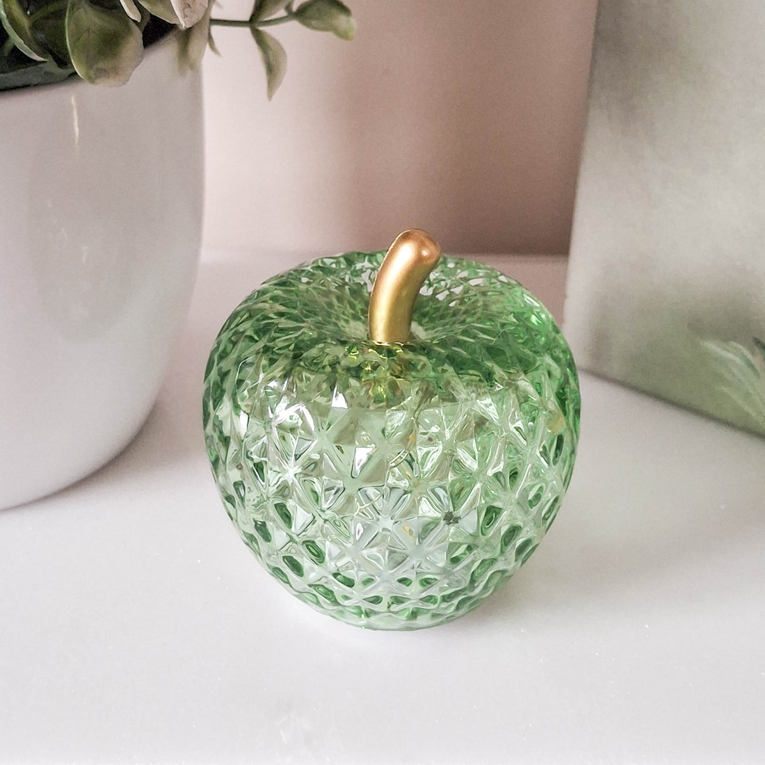 Mini Green LED Diamond Cut Glass Apple