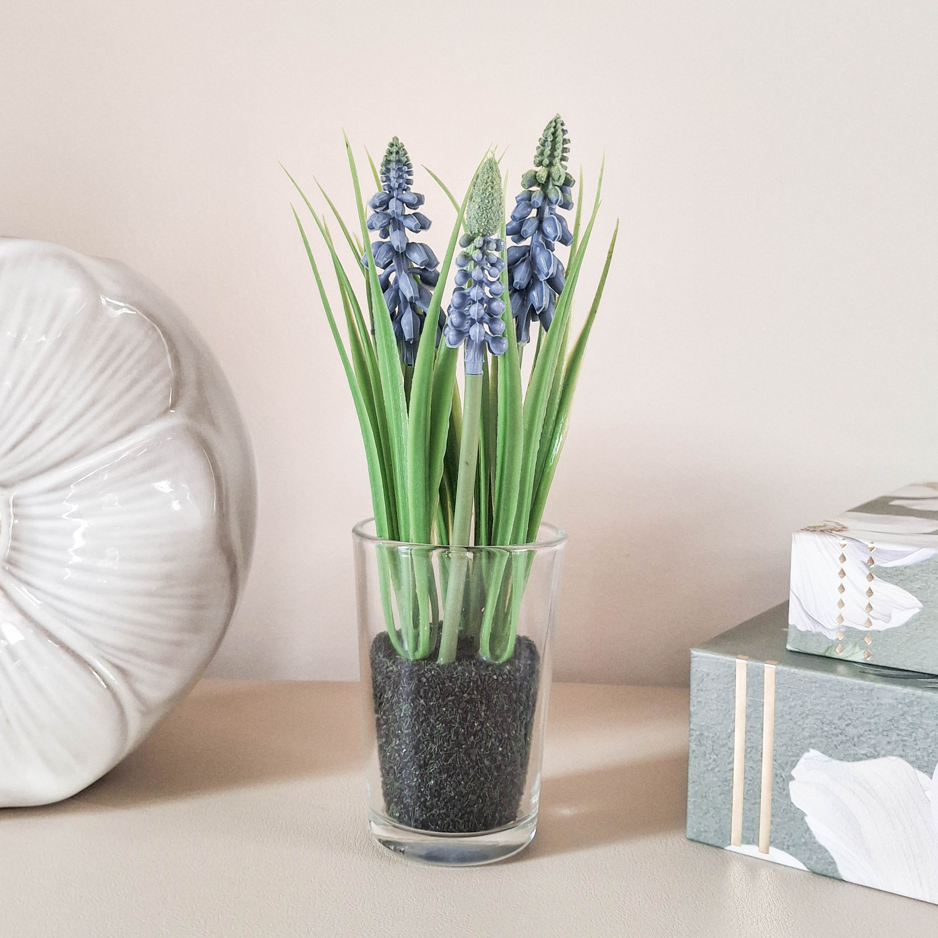 Artificial Hyacinthus in Glass Vase