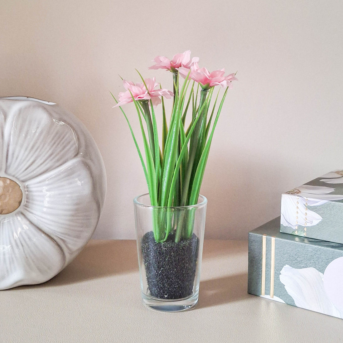 Artificial Pink Daisy in Glass Vase