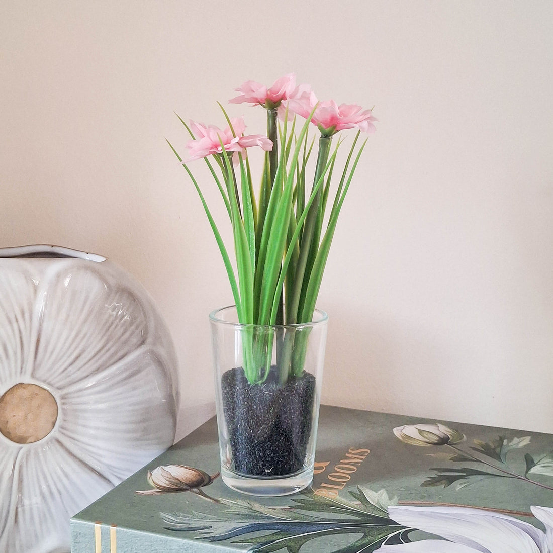 Artificial Pink Daisy in Glass Vase