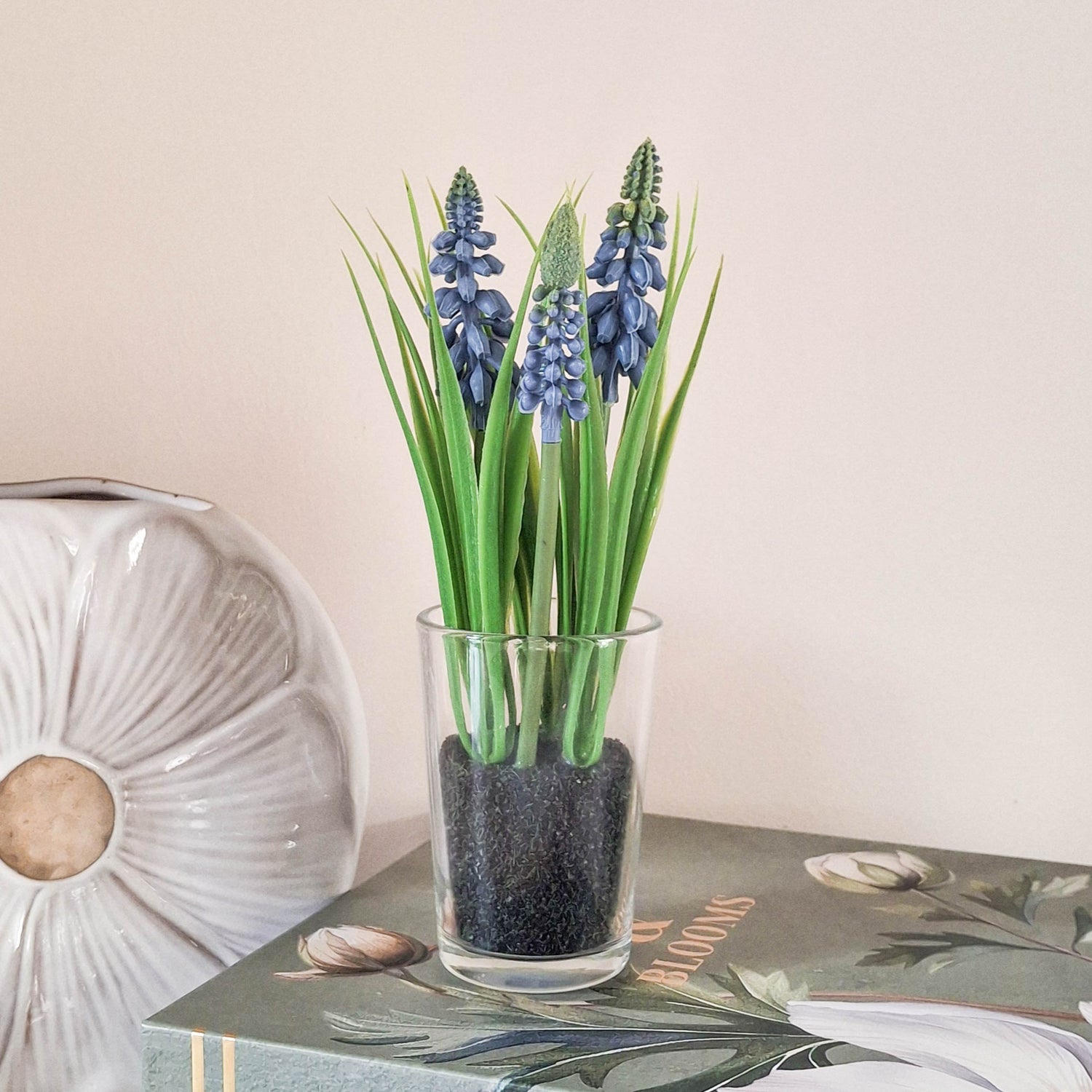Artificial Hyacinthus in Glass Vase