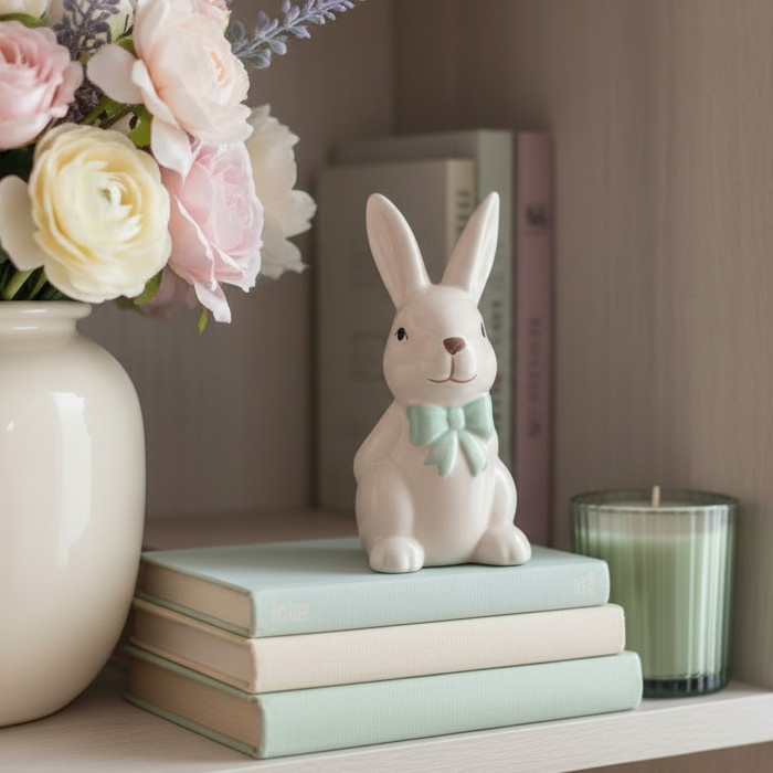 Bunny Figurine with Green Bow