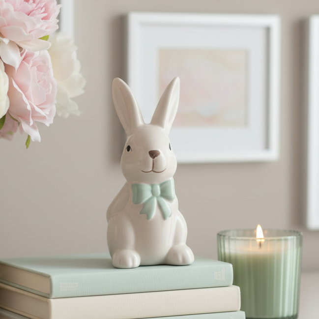 Bunny Figurine with Green Bow