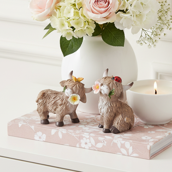 Sitting Highland Cow with Flower