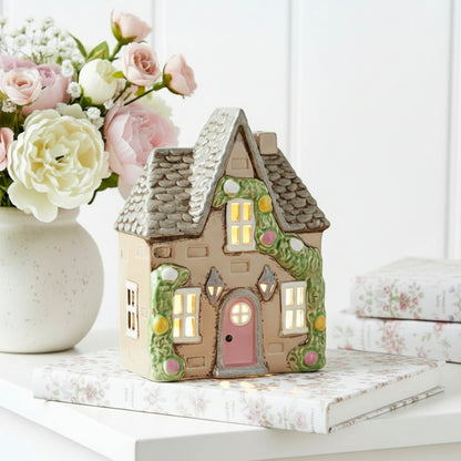 Cream Tealight Cottage with Rose Garland