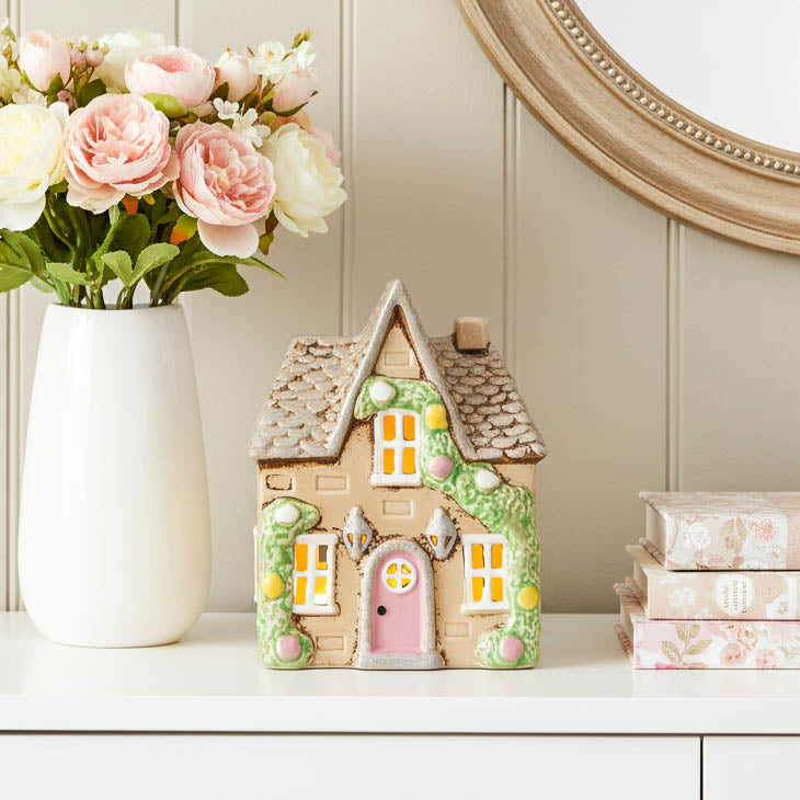 Cream Tealight Cottage with Rose Garland