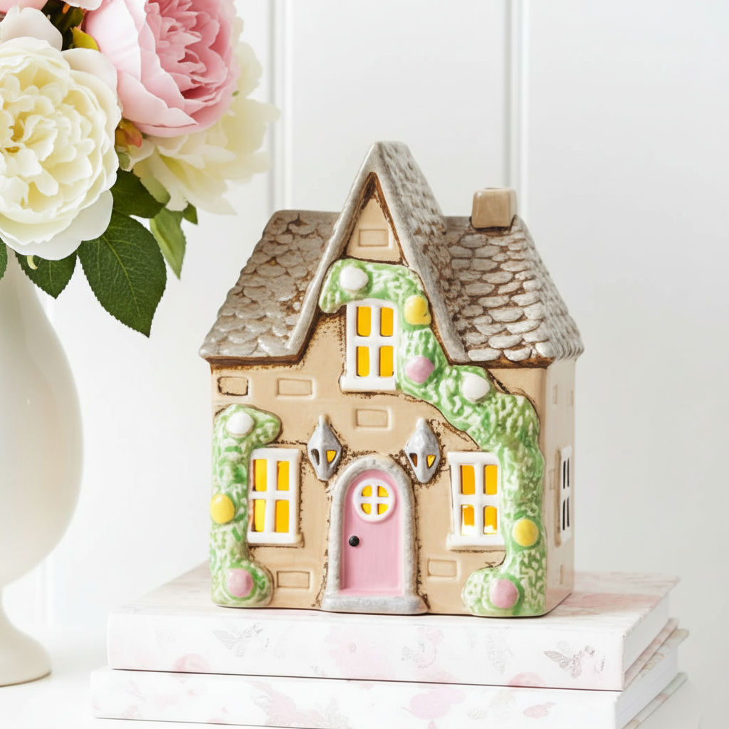 BACK MAR Cream Tealight Cottage with Rose Garland