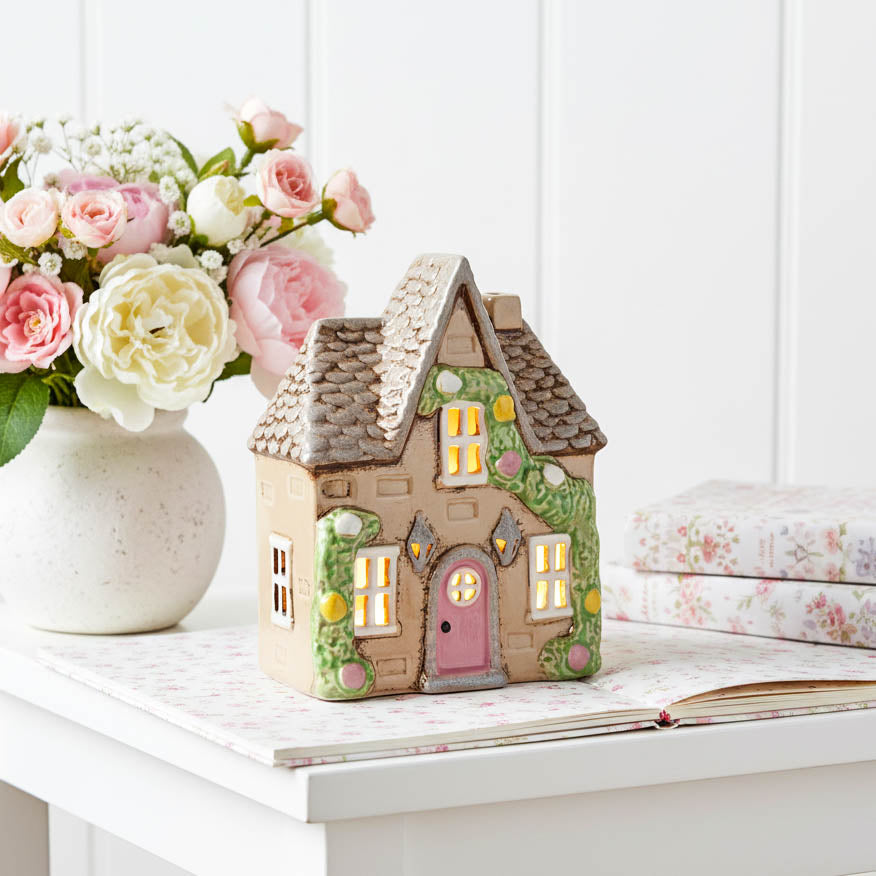 Cream Tealight Cottage with Rose Garland