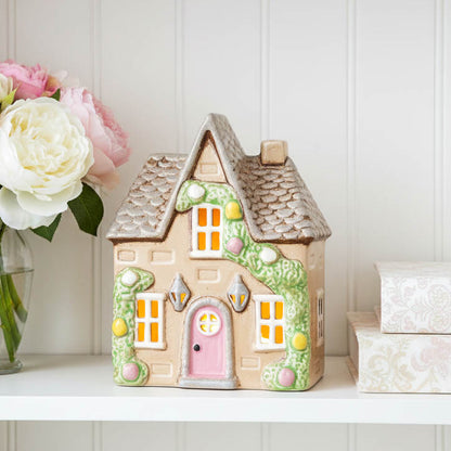 Cream Tealight Cottage with Rose Garland