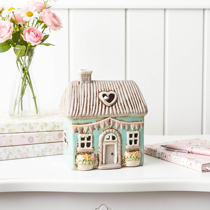 Soft Blue Tealight House with Flower Boxes