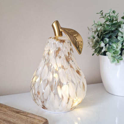 Mottle White &amp; Amber Diamond Cut LED Glass Pear