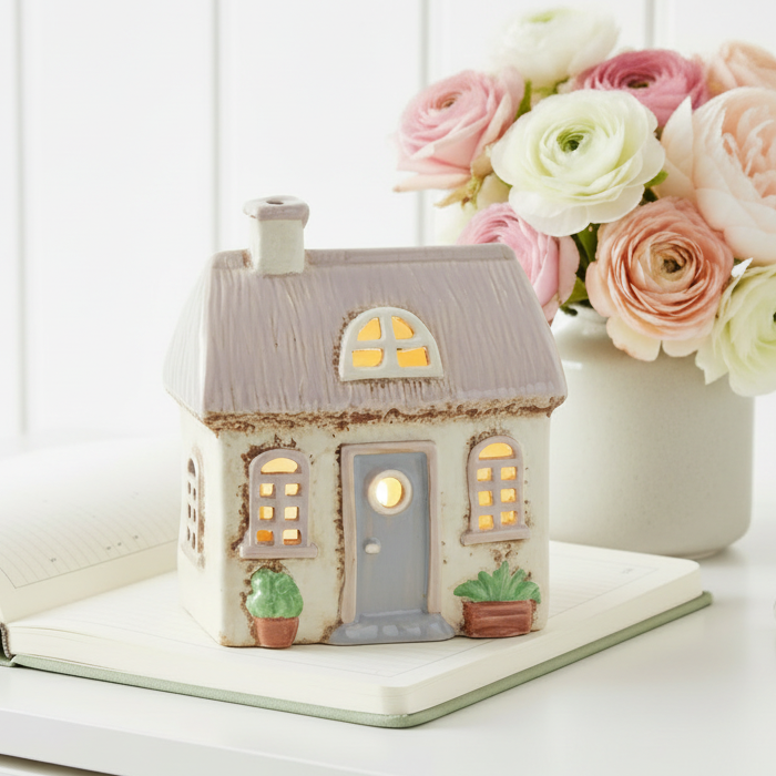 Village Pottery Cream Thatch Roof Ceramic Tealight House