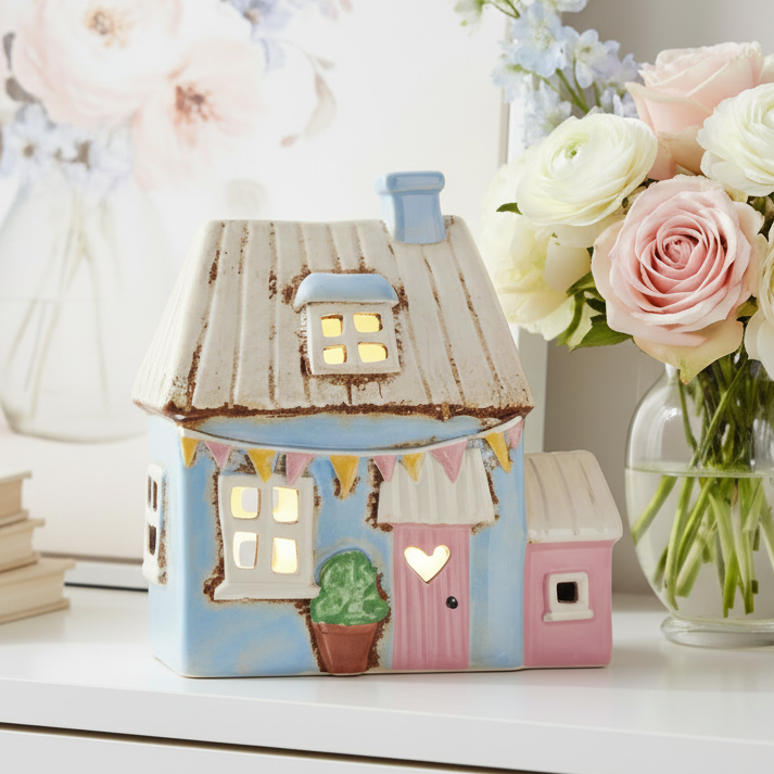 Blue Garden Bunting Ceramic Tealight House