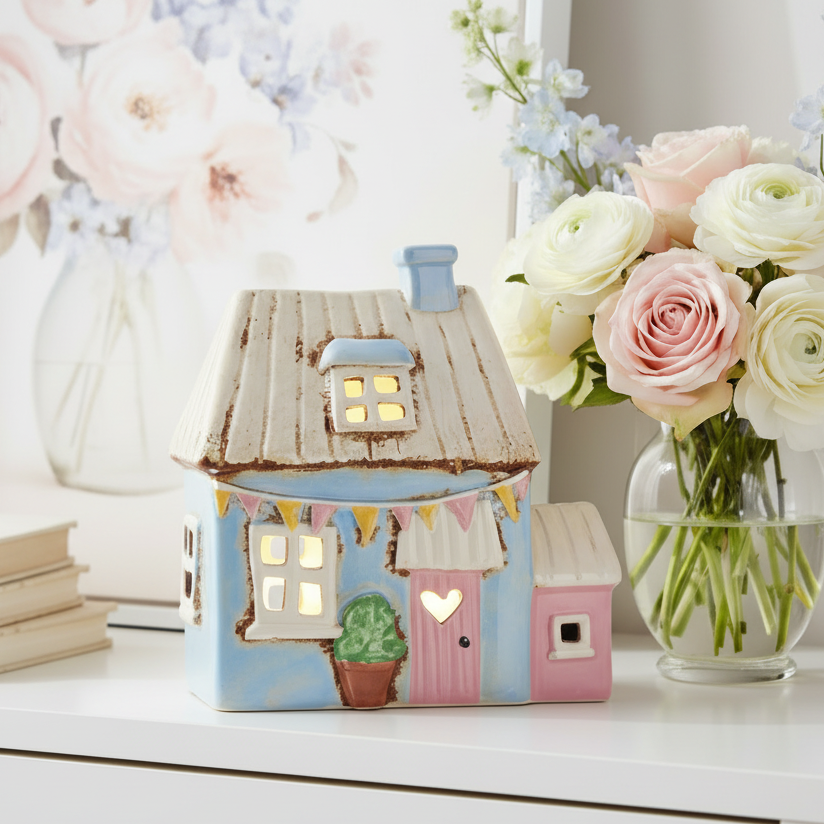 Blue Garden Bunting Ceramic Tealight House