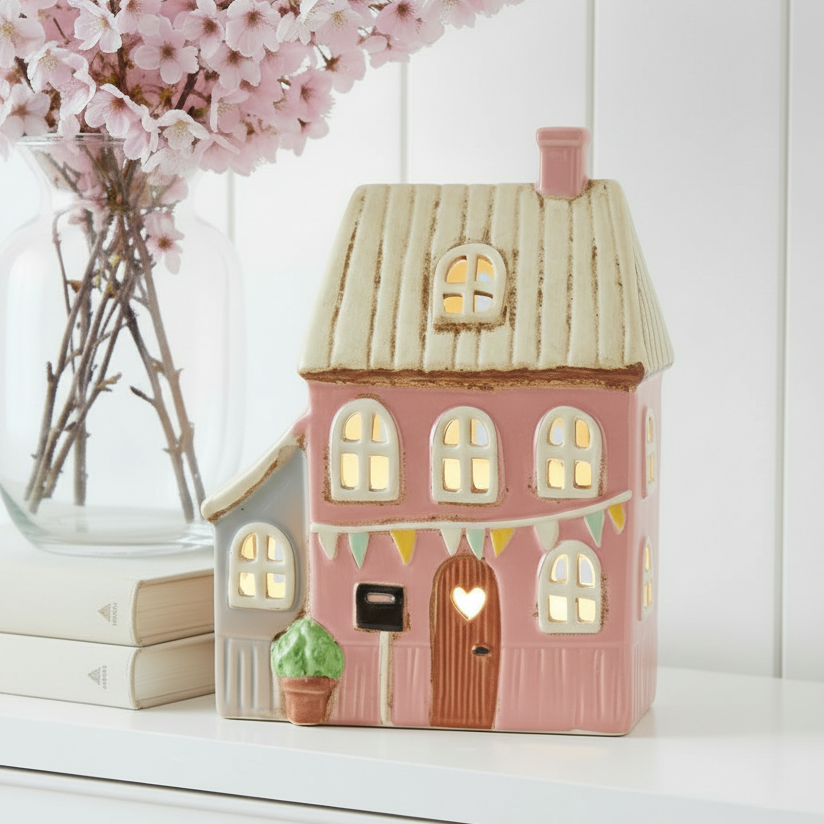 Pink Garden Bunting Ceramic Tealight House