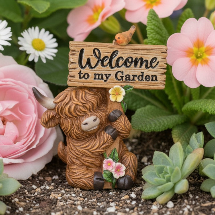 Small Highland Cow with Sign