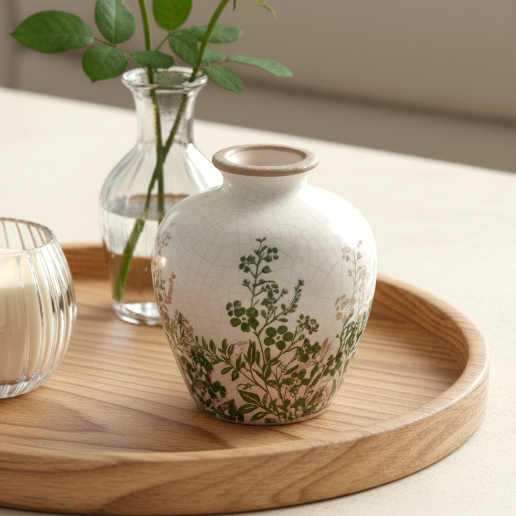 Green &amp; Natural Leaf Crackle Plum Vase