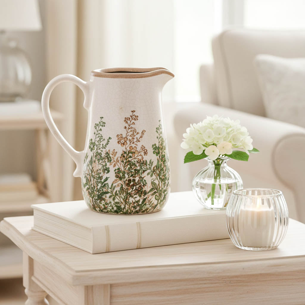 Green &amp; Natural Leaf Crackle Jug Vase