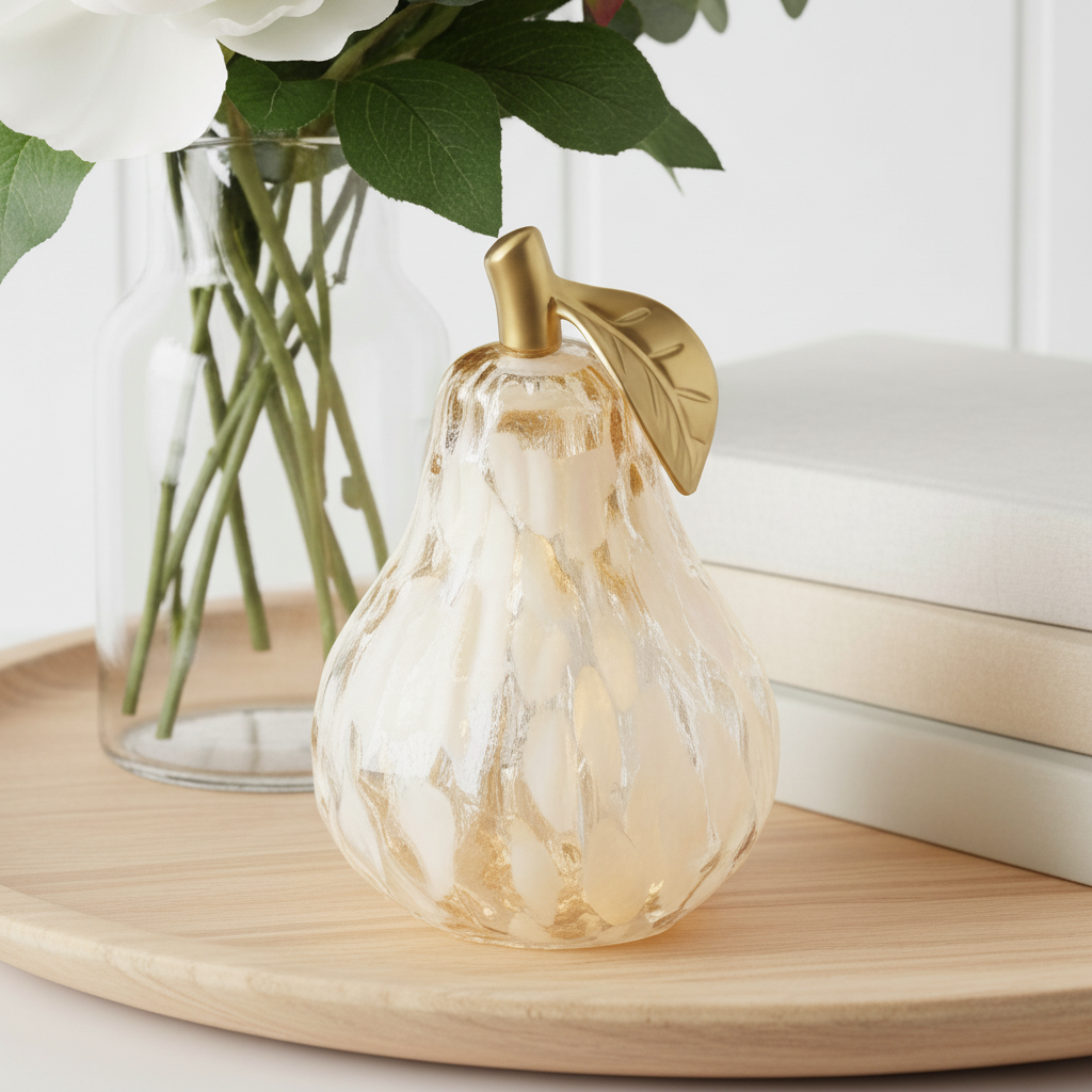 Mottle White &amp; Amber Diamond Cut LED Glass Pear