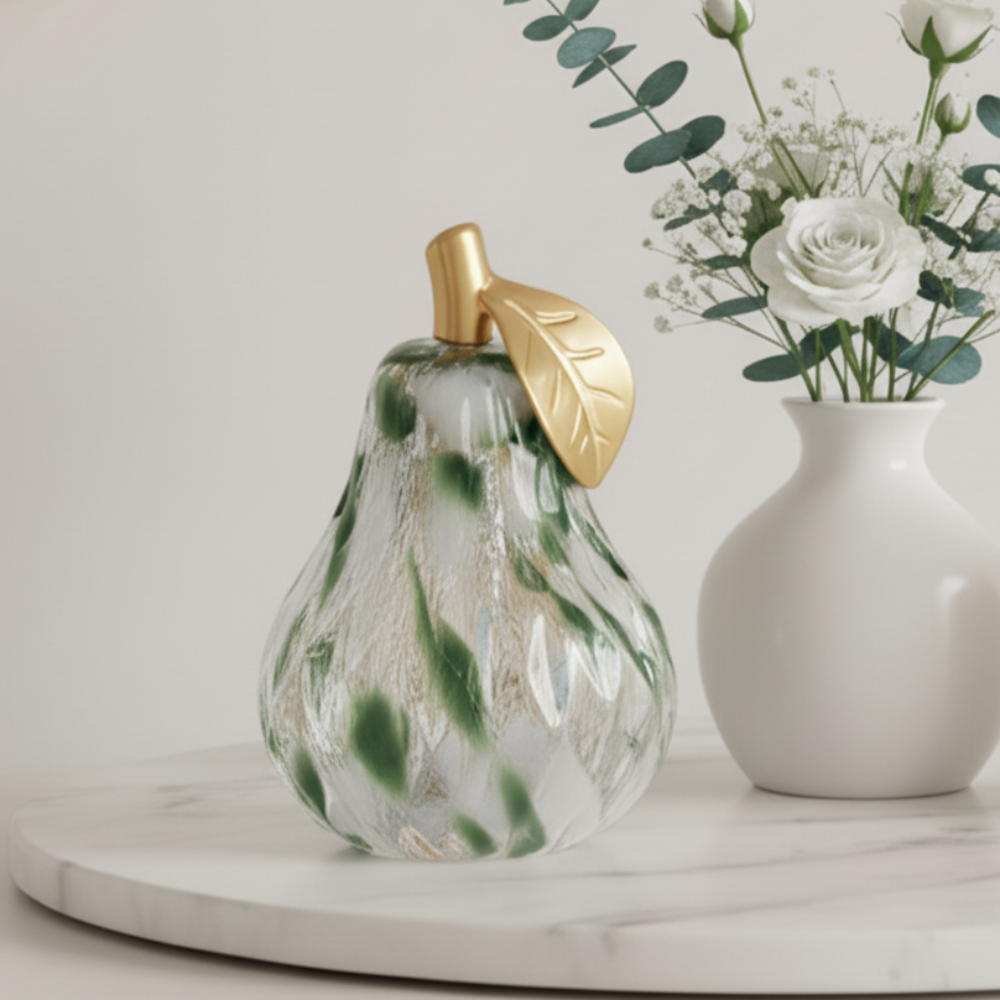 BACK JULY Mottle Green &amp; White Diamond Cut LED Glass Pear