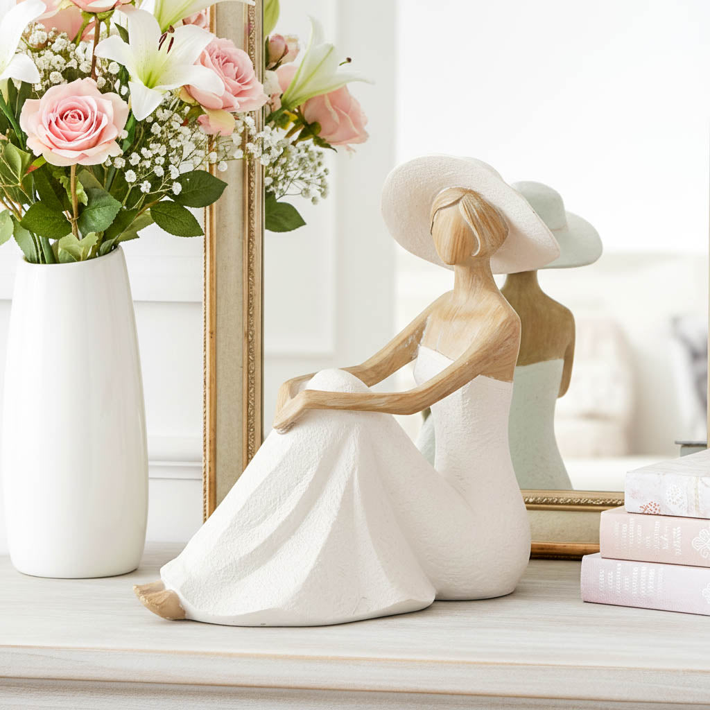 Lady Figurine in White Dress - Floor Seated