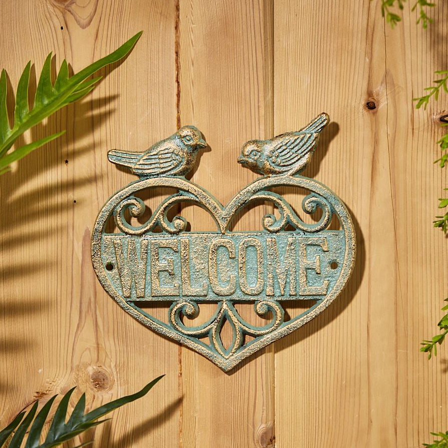 Welcome Verdigris Heart Plaque with Birds