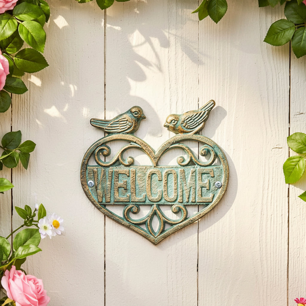 Welcome Verdigris Heart Plaque with Birds
