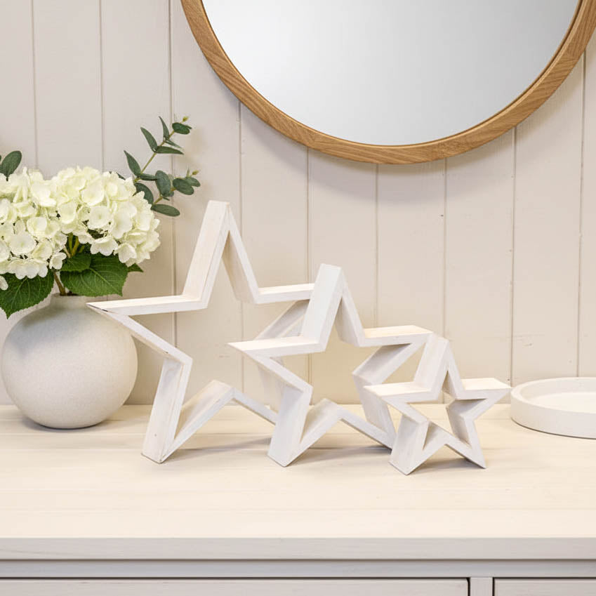 Set of 3 White Wooden Stars