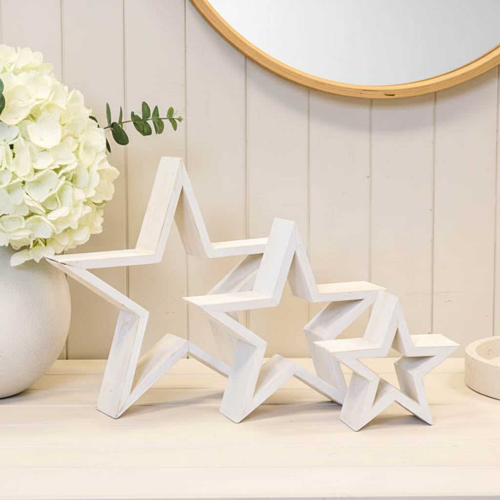 Set of 3 White Wooden Stars