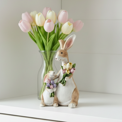 Mum &amp; Baby Rabbit with Flowers Figurine