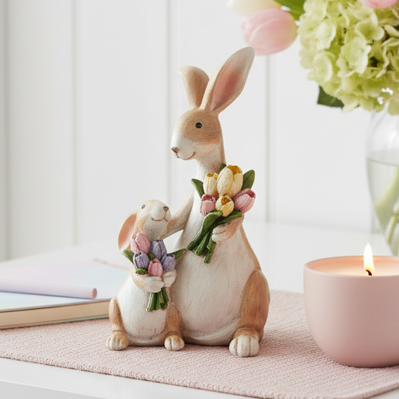 Mum &amp; Baby Rabbit with Flowers Figurine