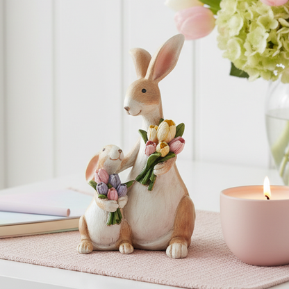 Mum &amp; Baby Rabbit with Flowers Figurine