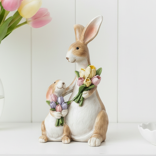 Mum &amp; Baby Rabbit with Flowers Figurine
