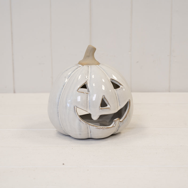White Stone Glazed Ceramic Tealight Pumpkin