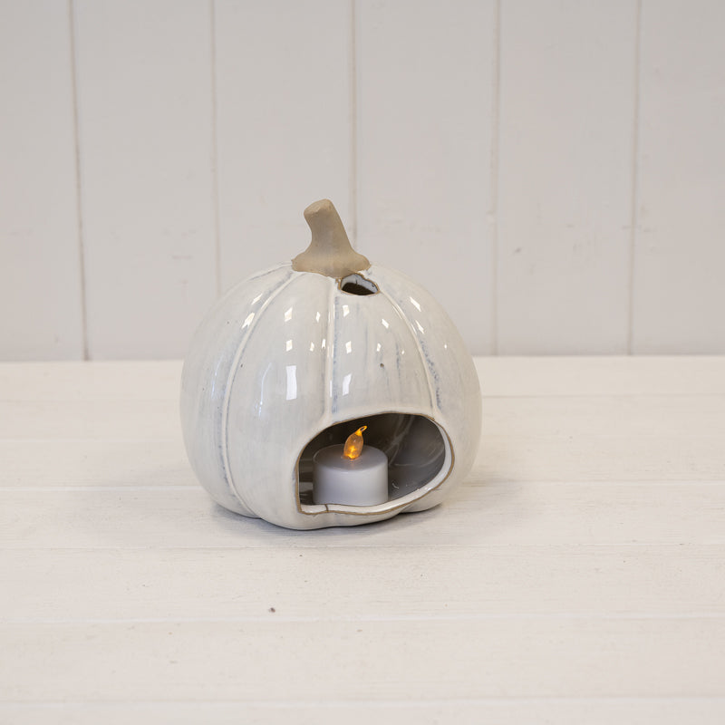 White Stone Glazed Ceramic Tealight Pumpkin