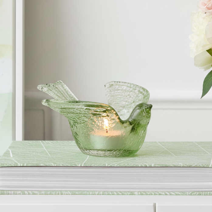 Green Songbird Glass Tealight Holder