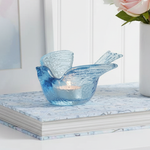 Blue Songbird Glass Tealight Holder