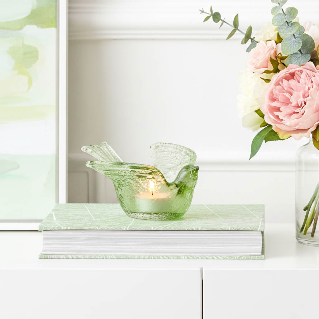Green Songbird Glass Tealight Holder