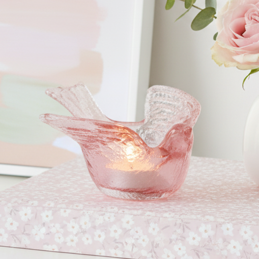 Pink Songbird Glass Tealight Holder