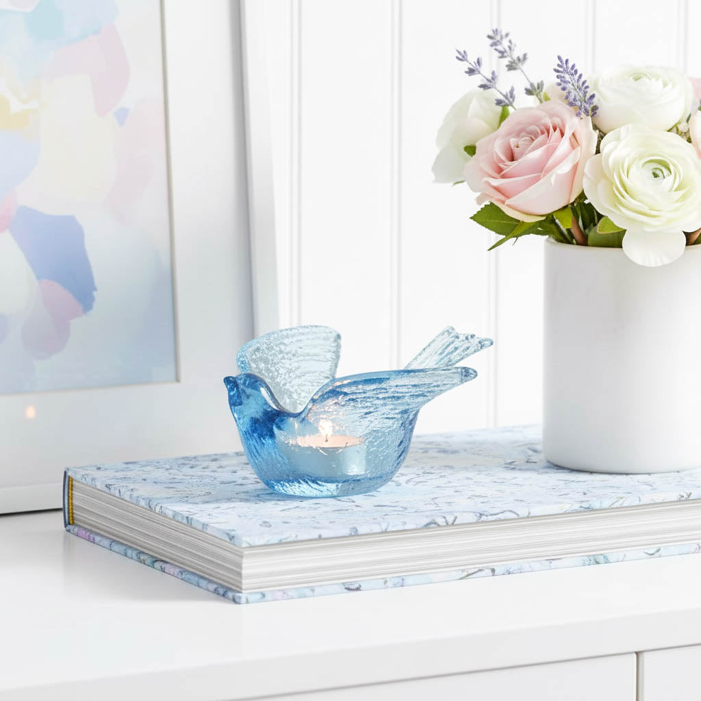 Blue Songbird Glass Tealight Holder