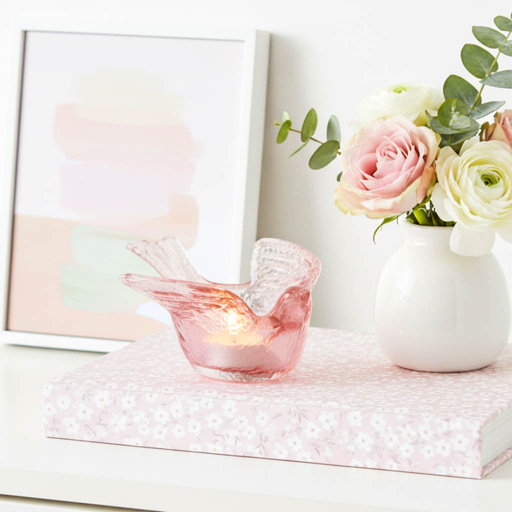 Pink Songbird Glass Tealight Holder