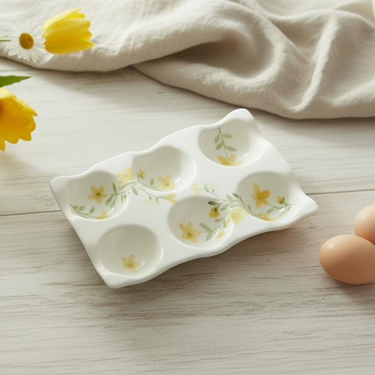 Yellow Floral Ceramic Egg Tray
