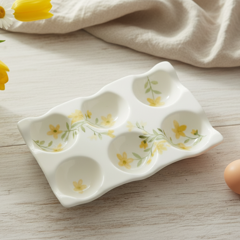 Yellow Floral Ceramic Egg Tray