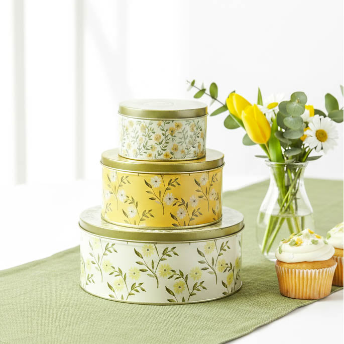 Yellow Round Floral Tin Set of 3